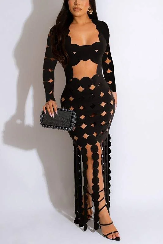 CUTOUT LONG SLEEVE MAXI DRESS Elegant Velvet Maxi Dress