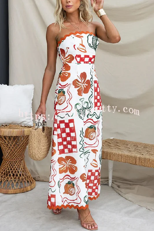Lilipretty® Cypress Unique Print Ric Rac Trim Back Smocked Strapless Maxi Dress Cozy Wrap Maxi Dress Lilipretty® Cypress Unique Print Ric Rac Trim Back Smocked Strapless Maxi Dress Cozy Wrap Maxi Dress