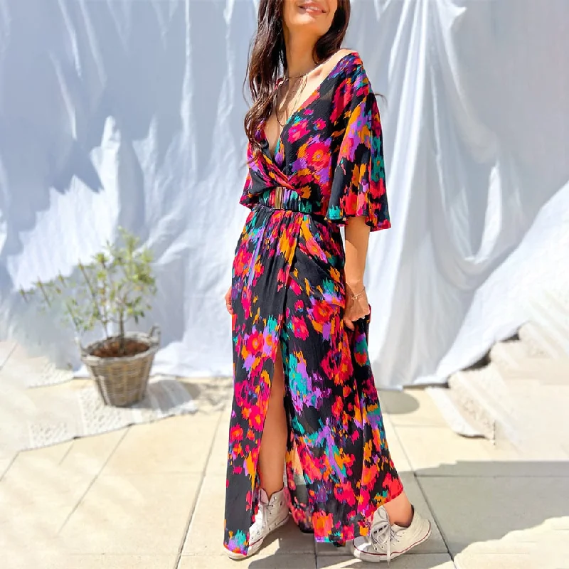 Zjkrl - Elegant Casual Long Dress Ruffles Slit A Line Sexy Deep V Neck Print Floral Vestidos Boho Evening Prom Maxi Dress Trendy Maxi Dress with Bow Zjkrl - Elegant Casual Long Dress Ruffles Slit A Line Sexy Deep V Neck Print Floral Vestidos Boho Evening Prom Maxi Dress Trendy Maxi Dress with Bow