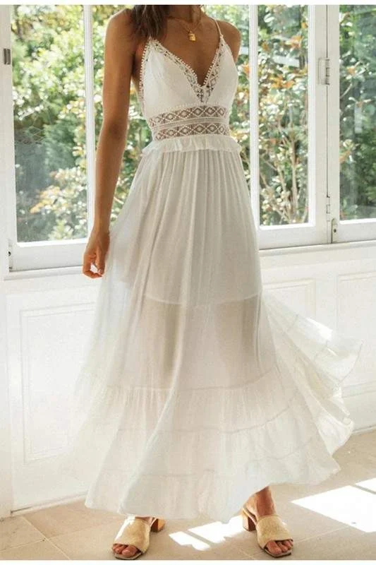 ELEGANT SOLID LACE SPAGHETTI STRAP MAXI DRESS Fashionable Chiffon Maxi Dress