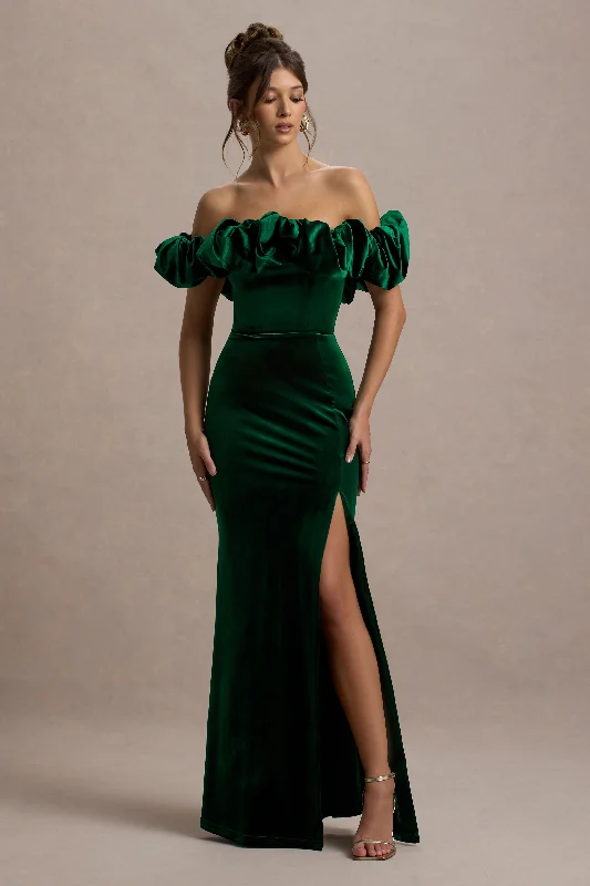 Esmeralda | Bottle Green Velvet Structured Ruffled Bardot Maxi Dress Cozy Maxi Dress with Slit Esmeralda | Bottle Green Velvet Structured Ruffled Bardot Maxi Dress Cozy Maxi Dress with Slit