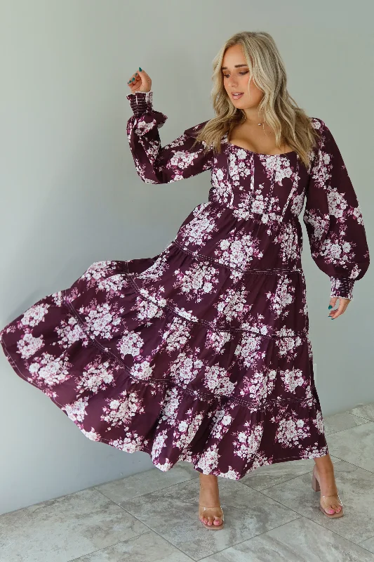 Fall Stroll Maxi Dress: Burgundy/Multi Comfortable Satin Maxi Dress