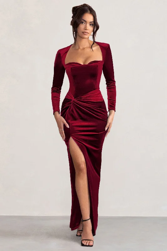 Fay | Berry Velvet Corset Style Knot Maxi Dress Elegant Boho Maxi Dress