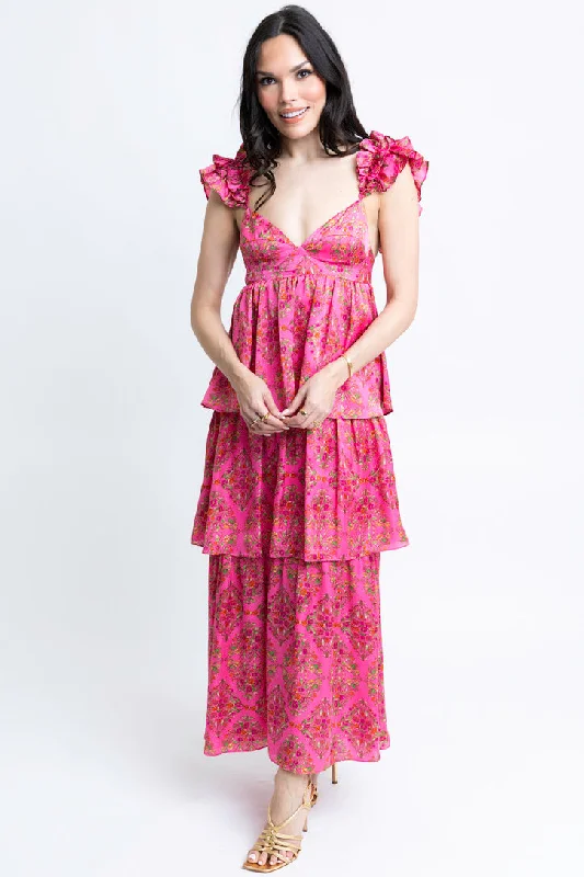 Floral Satin Ruffle Maxi Dress Stylish A-Line Maxi Dress