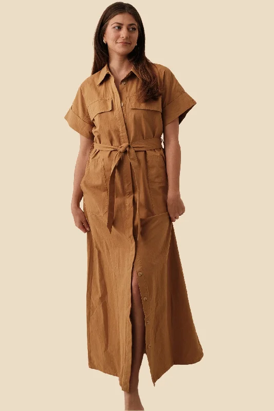 FRNCH Delina Canvas Belted Maxi Dress (Beige) Elegant Boho Maxi Dress