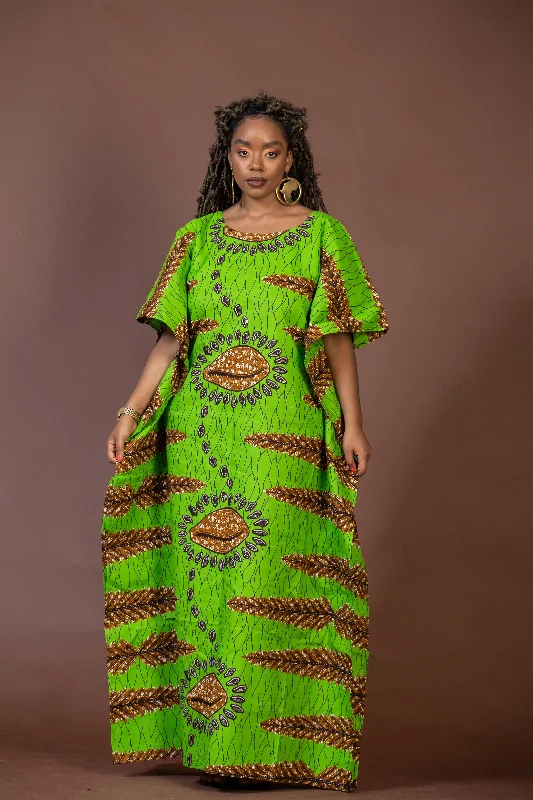 Geni Ankara Maxi Dress | Green and Brown African Print Comfortable Maxi Dress with Slits Geni Ankara Maxi Dress | Green and Brown African Print Comfortable Maxi Dress with Slits