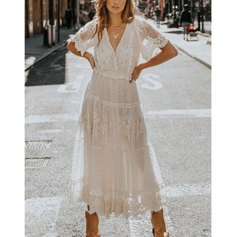 Zjkrl - Happie Queens Women Solid Short Sleeve Beach Sexy Lace Bohemian Maxi Dress Ladies V-neck Boho Sundress Vestidos Comfortable Fitted Maxi Dress Zjkrl - Happie Queens Women Solid Short Sleeve Beach Sexy Lace Bohemian Maxi Dress Ladies V-neck Boho Sundress Vestidos Comfortable Fitted Maxi Dress