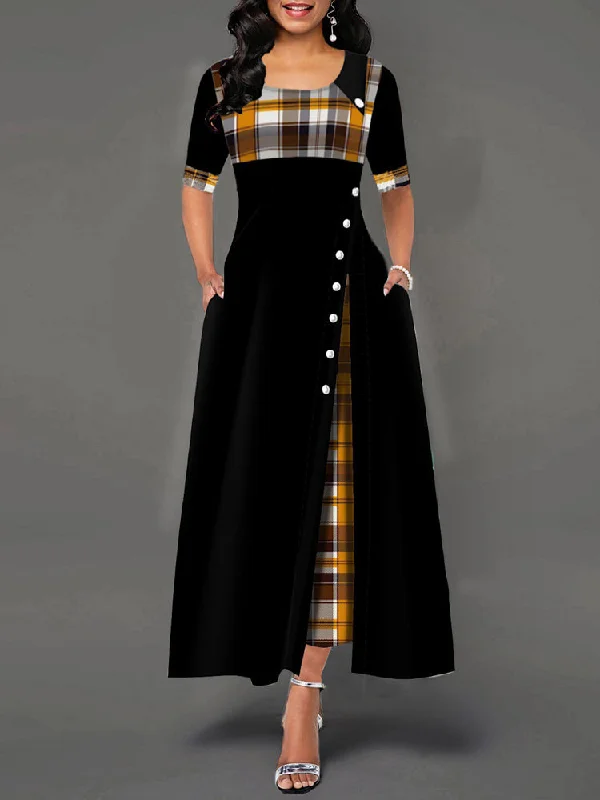 Casual Plaid Patchwork Short Sleeve Splited Swing Hem Maxi Dress Comfortable Bohemian Maxi Dress Casual Plaid Patchwork Short Sleeve Splited Swing Hem Maxi Dress Comfortable Bohemian Maxi Dress