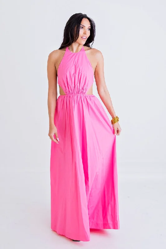 Hot Pink Poplin Cut-Out Maxi Dress Elegant Maxi Dress with Slit