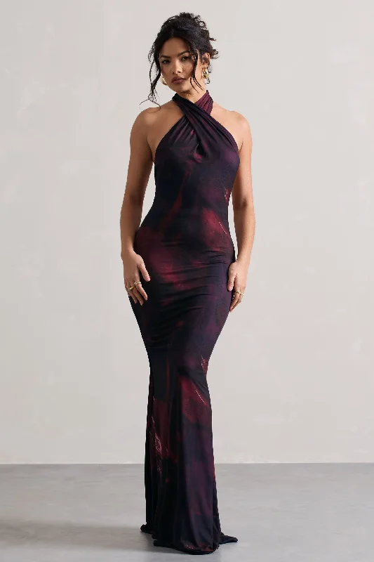 Invincible | Plum Print Cross Over Halter-Neck Open-Back Maxi Dress Elegant Silk Maxi Dress Invincible | Plum Print Cross Over Halter-Neck Open-Back Maxi Dress Elegant Silk Maxi Dress