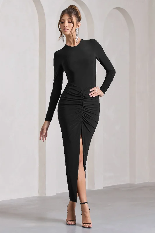 Katy | Black Ruched Long-Sleeve Split Maxi Dress Stylish One-Shoulder Maxi Dress