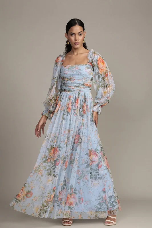 Lana Maxi Dress Blue Floral Print Fashionable Chiffon Maxi Dress