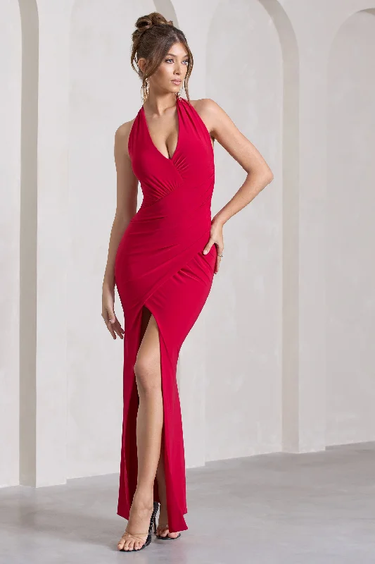 Leonie | Red Halter-Neck Split Maxi Dress With Wrap Detail Stylish Off-Shoulder Maxi Dress Leonie | Red Halter-Neck Split Maxi Dress With Wrap Detail Stylish Off-Shoulder Maxi Dress
