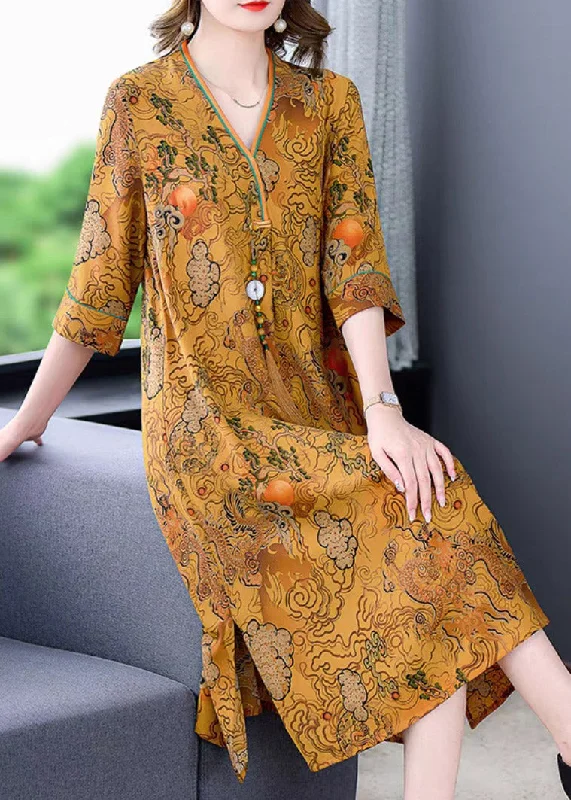 Loose V Neck Print Side Open Silk Maxi Dresses Half Sleeve Elegant Pleated Maxi Dress Loose V Neck Print Side Open Silk Maxi Dresses Half Sleeve Elegant Pleated Maxi Dress