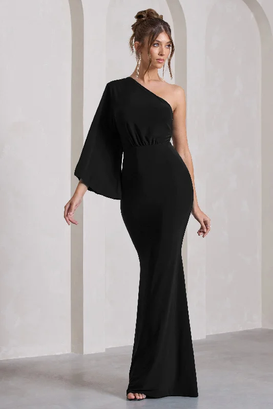 Luciana | Black One Shoulder Drape Sleeve Maxi Dress Elegant Lace-Up Maxi Dress