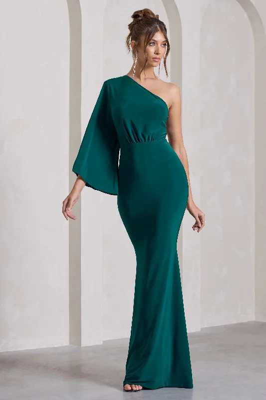 Luciana | Bottle Green One Shoulder Drape Sleeve Maxi Dress Elegant Maxi Dress with Drapes Luciana | Bottle Green One Shoulder Drape Sleeve Maxi Dress Elegant Maxi Dress with Drapes