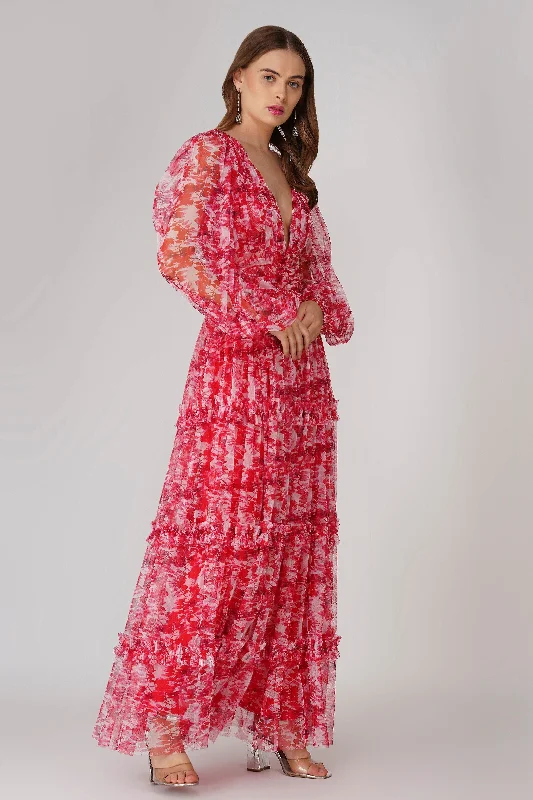Lydia Maxi Dress in Red Floral Trendy A-Line Maxi Dress