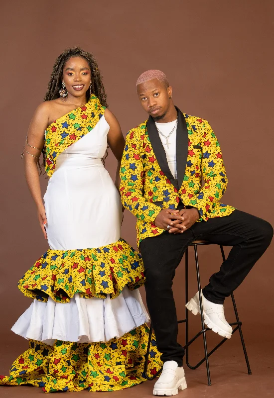Mavis Ankara Maxi Dress | White and Yellow Mixed African Print Fashionable Halter Neck Maxi Dress Mavis Ankara Maxi Dress | White and Yellow Mixed African Print Fashionable Halter Neck Maxi Dress