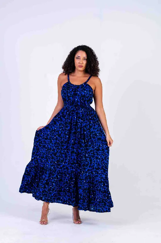 Mbakara Ankara Maxi Dress | Blue and Black African Print Comfortable Flowy Maxi Dress Mbakara Ankara Maxi Dress | Blue and Black African Print Comfortable Flowy Maxi Dress