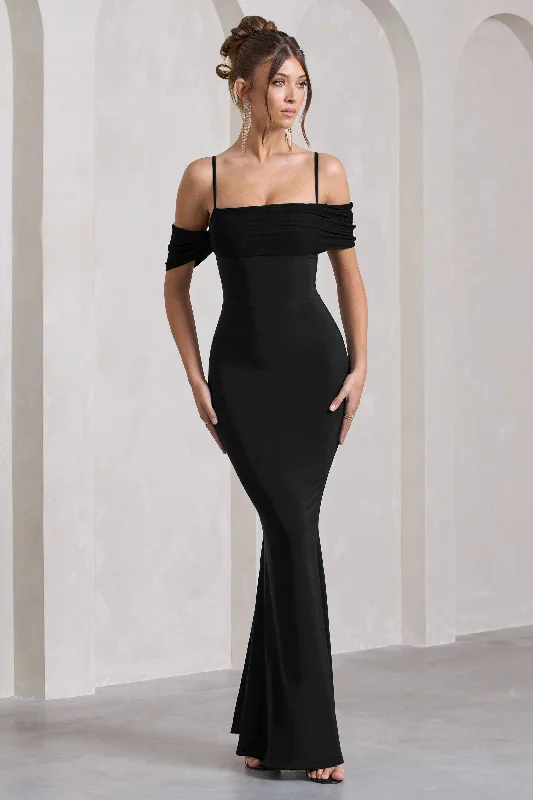 Miracle | Black Strappy Mesh Bardot Maxi Dress Fashionable Chiffon Maxi Dress