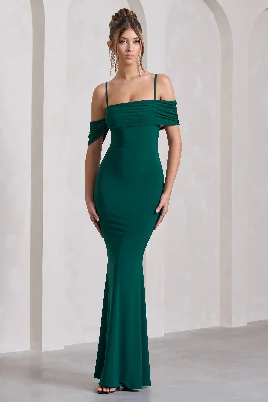 Miracle | Bottle Green Strappy Mesh Bardot Maxi Dress Elegant Tiered Maxi Dress