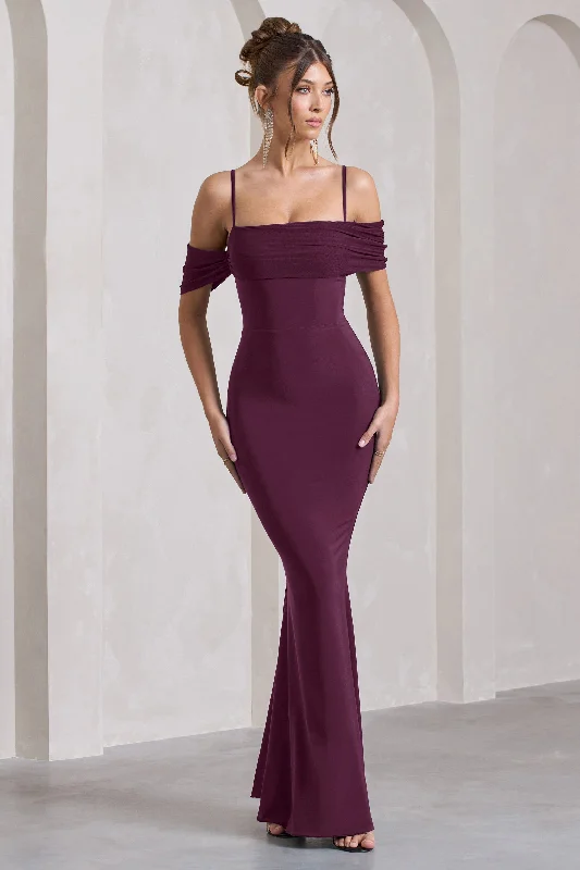 Miracle | Plum Strappy Mesh Bardot Maxi Dress Comfortable Ruffle Maxi Dress