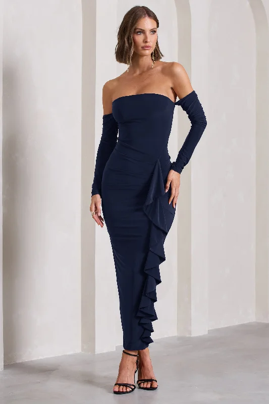 Montana | Navy Bardot Ruffle Maxi Dress Trendy Button Front Maxi Dress