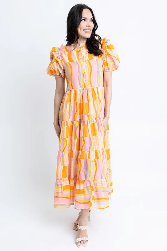 Multi Stipe Puff Sleeve Maxi Dress Elegant Pleated Maxi Dress