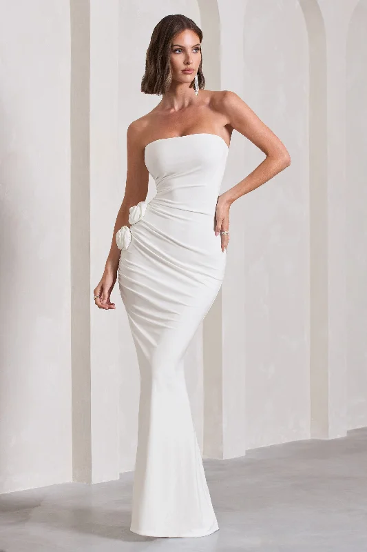 My Muse | White Ruched Bandeau Split Maxi Dress With Flowers Stylish Off-Shoulder Maxi Dress My Muse | White Ruched Bandeau Split Maxi Dress With Flowers Stylish Off-Shoulder Maxi Dress