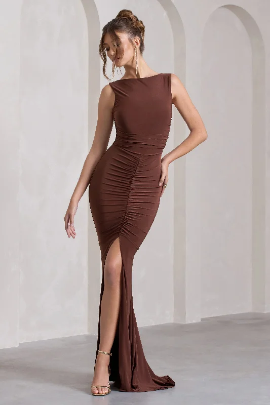 My Presence | Chocolate Brown Low-Back Fishtail Split Maxi Dress Classic Solid Maxi Dress My Presence | Chocolate Brown Low-Back Fishtail Split Maxi Dress Classic Solid Maxi Dress