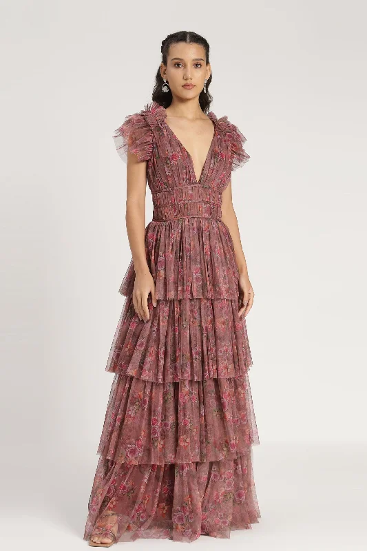 Naomi Maxi Dress in Purple Floral Elegant Maxi Dress with Ruffles