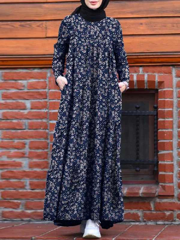 Women Floral Print Tiered Dress O-Neck Casual Maxi Dress With Side Pocket Comfortable Satin Maxi Dress