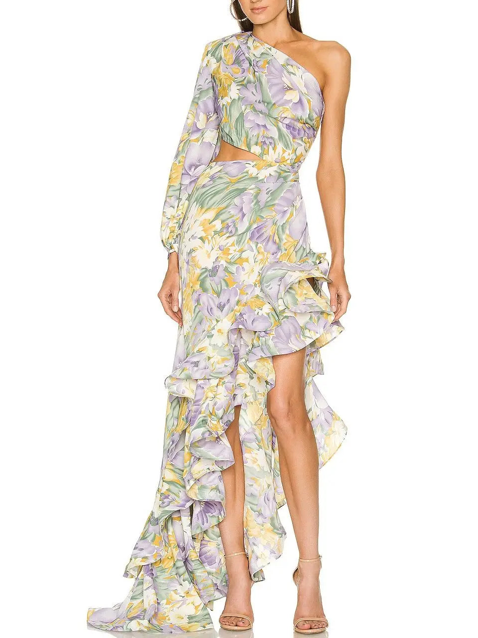 One Shoulder Floral Ruflles Long Chiffon Maxi Dress Trendy Off-Shoulder Ruffle Maxi Dress