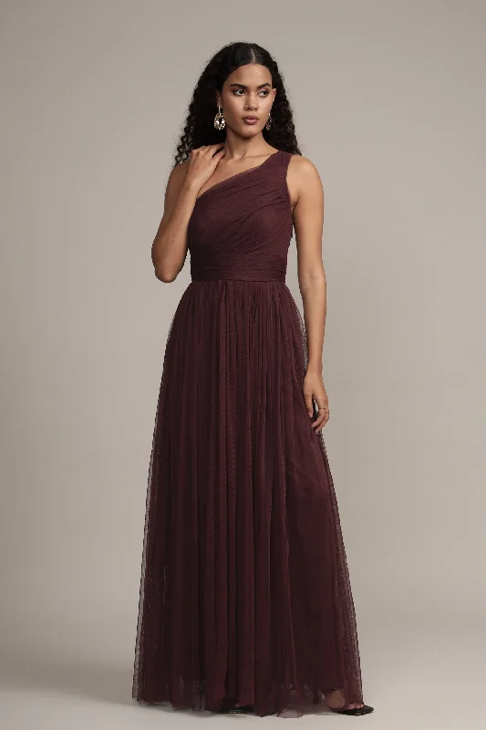 One Shoulder Maxi Dress in Plum Fashionable Faux Wrap Maxi Dress