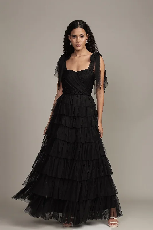 Ophelia Black Maxi Dress with Tie Detail Trendy V-Neck Maxi Dress