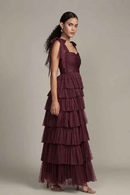Ophelia Plum Maxi Dress with Tie Detail Trendy A-Line Maxi Dress