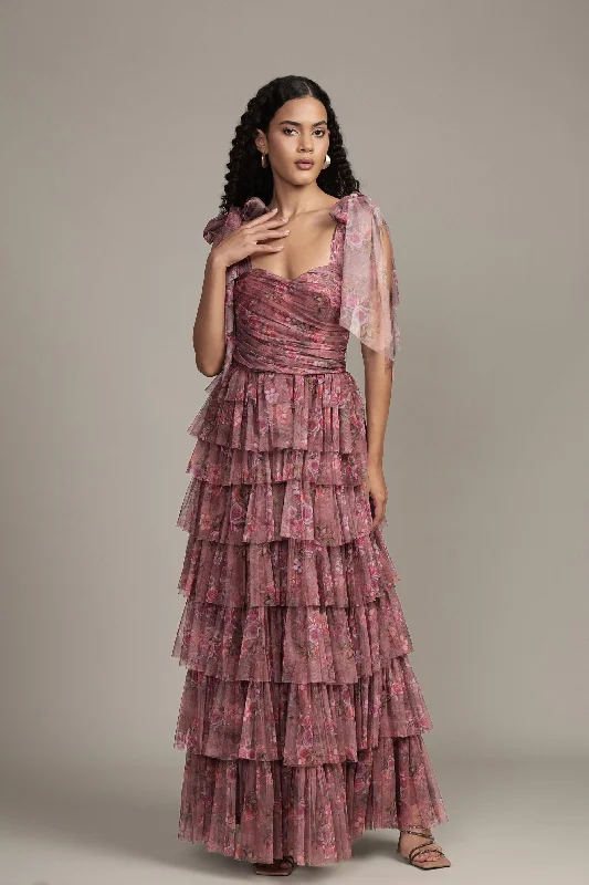 Ophelia Purple Floral Maxi Dress with Tie Detail Fashionable Chiffon Tiered Maxi Dress Ophelia Purple Floral Maxi Dress with Tie Detail Fashionable Chiffon Tiered Maxi Dress