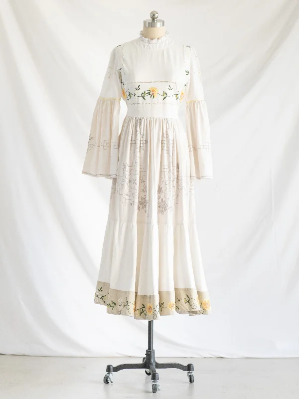 Re-design Upcycled Sunflower Embroidered Beige Border Maxi Dress Stylish A-Line Maxi Dress