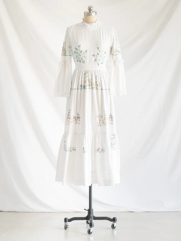 Re-design Upcycled White Colorful Cross-stitch Maxi Dress Trendy Ruffled Maxi Dress