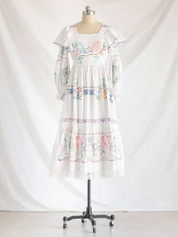 Re-design Upcycled Vibrant Cross-stitch White Floral Maxi Dress Trendy Maxi Dress with Lace Re-design Upcycled Vibrant Cross-stitch White Floral Maxi Dress Trendy Maxi Dress with Lace
