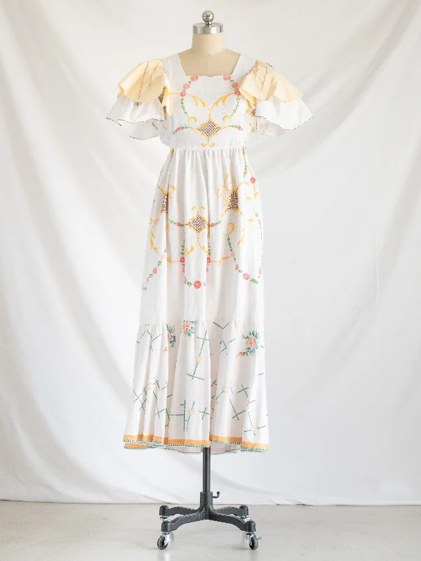 Re-design Upcycled Pink Daisy and Rose Embroidery Maxi Dress Comfortable Casual Maxi Dress