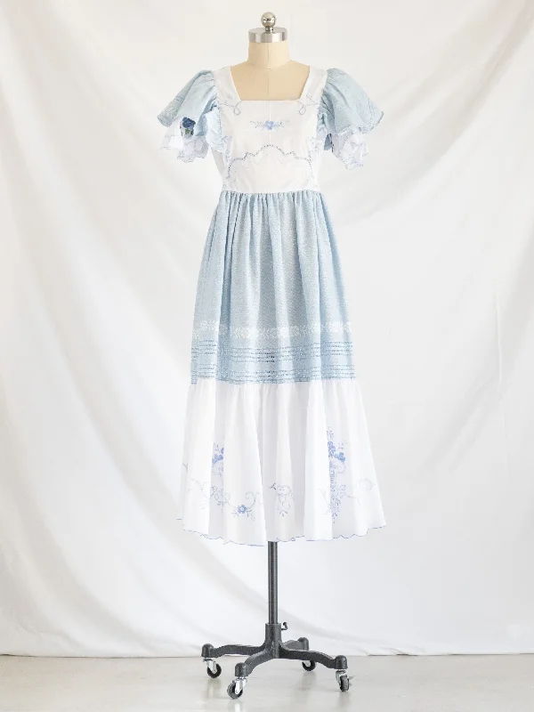 Re-design Upcycled Floral Hand Embroidery White and Blue Maxi Dress Trendy Short Sleeve Maxi Dress Re-design Upcycled Floral Hand Embroidery White and Blue Maxi Dress Trendy Short Sleeve Maxi Dress