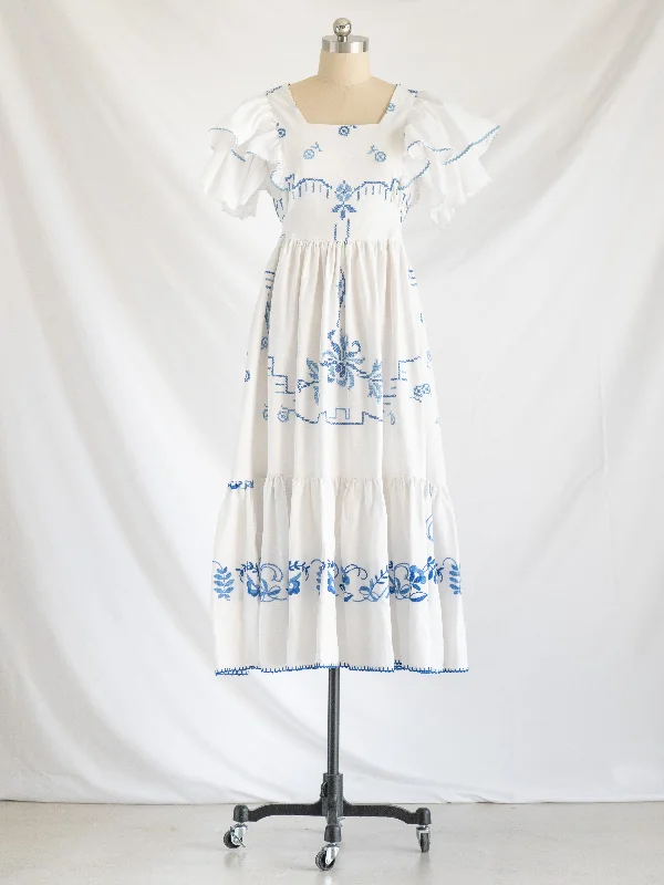 Re-design Upcycled Blue-cross Stitch Floral Maxi Dress Fashionable Faux Wrap Maxi Dress Re-design Upcycled Blue-cross Stitch Floral Maxi Dress Fashionable Faux Wrap Maxi Dress