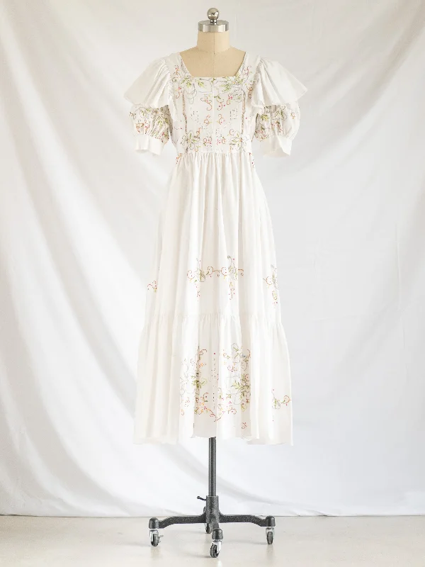 Re-design Upcycled Ruffle Cuff Sleeved White Maxi Dress Stylish A-Line Maxi Dress