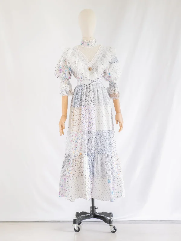 Re-design Upcycled V-neck Patch Pattern White Maxi Dress Comfortable Long-Sleeve Maxi Dress