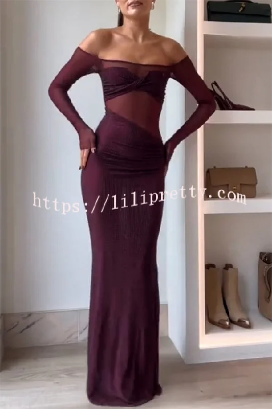 Forever Shimmering Sequin Mesh Patchwork Long Sleeve Strapless Stretch Maxi Dress Elegant Maxi Dress with Slit