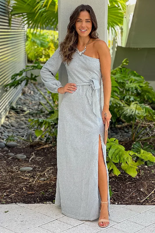 Silver One Shoulder Lurex Maxi Dress With Slit Cozy Longline Maxi Dress