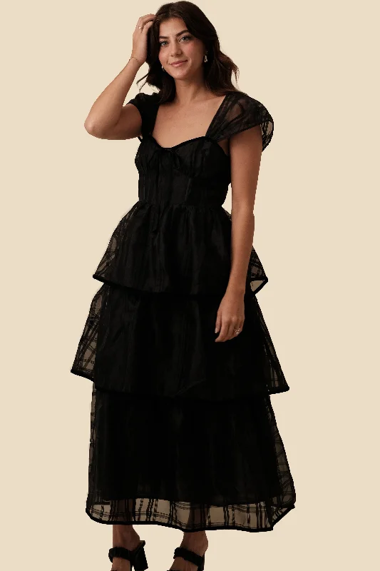 Sofie the Label Ava Black Plaid Chiffon Tiered Maxi Dress Cozy Wrap Maxi Dress