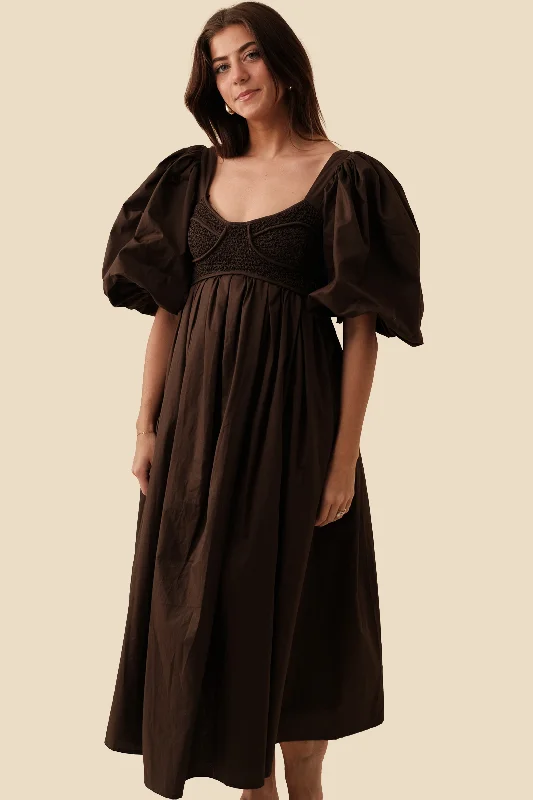 Sofie the Label Brielle Scrunchie Puff Sleeve Maxi Dress (Chocolate) Fashionable Off-Shoulder Maxi Dress Sofie the Label Brielle Scrunchie Puff Sleeve Maxi Dress (Chocolate) Fashionable Off-Shoulder Maxi Dress