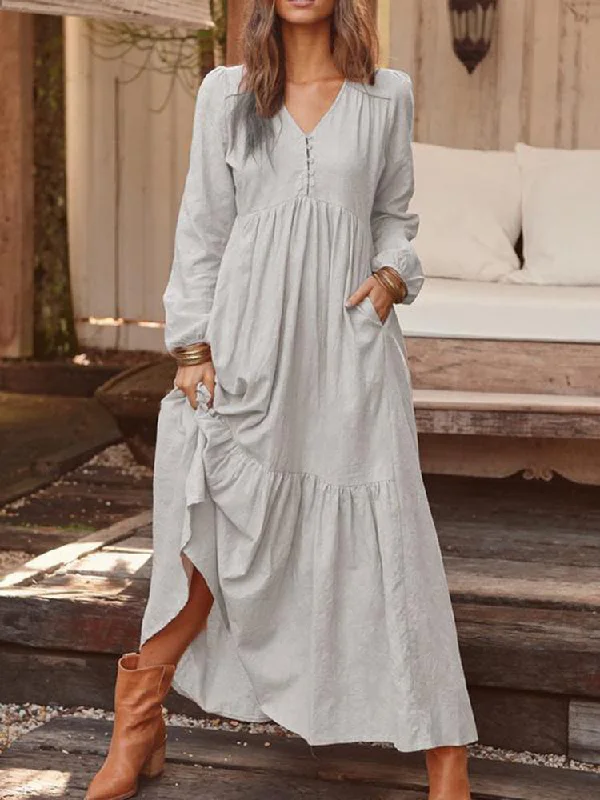 Women Solid Color V-neck Button Pleated Long Sleeve Vintage Maxi Dress Stylish V-Neck Maxi Dress Women Solid Color V-neck Button Pleated Long Sleeve Vintage Maxi Dress Stylish V-Neck Maxi Dress
